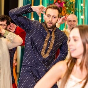 Navy Blue and Gold Men's Kurta Blazer and pants - Indian wedding guest outfit